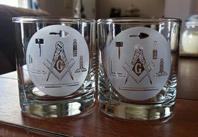 Masonic "Working Tools" Rocks Glasses - Set of 2 - 2 sided etched glasses