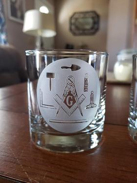 Masonic "Working Tools" Rocks Glasses - Set of 2 - 2 sided etched glasses